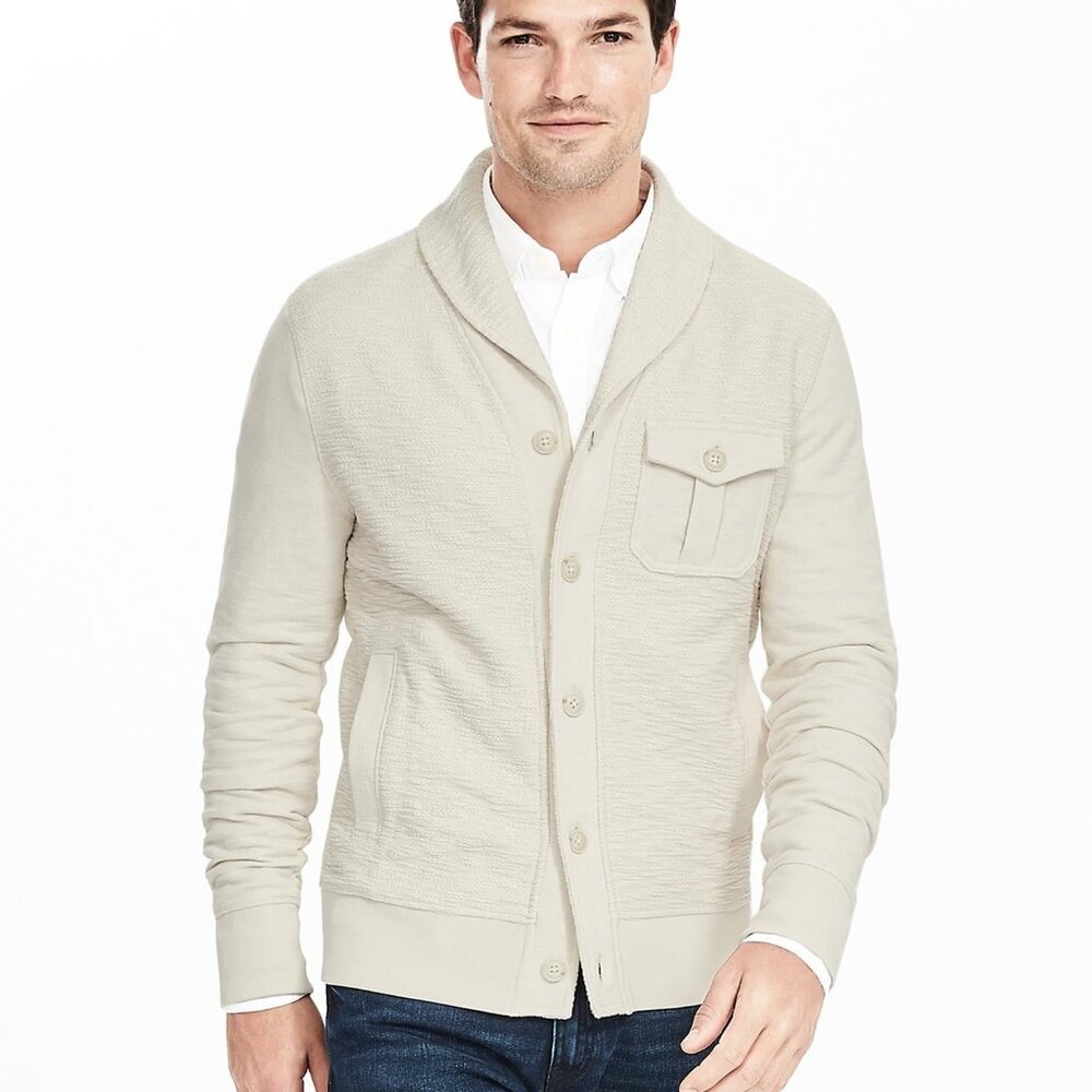Banana Republic Men's Heritage Terry Cardigan Small Cream Shawl Collar Knit